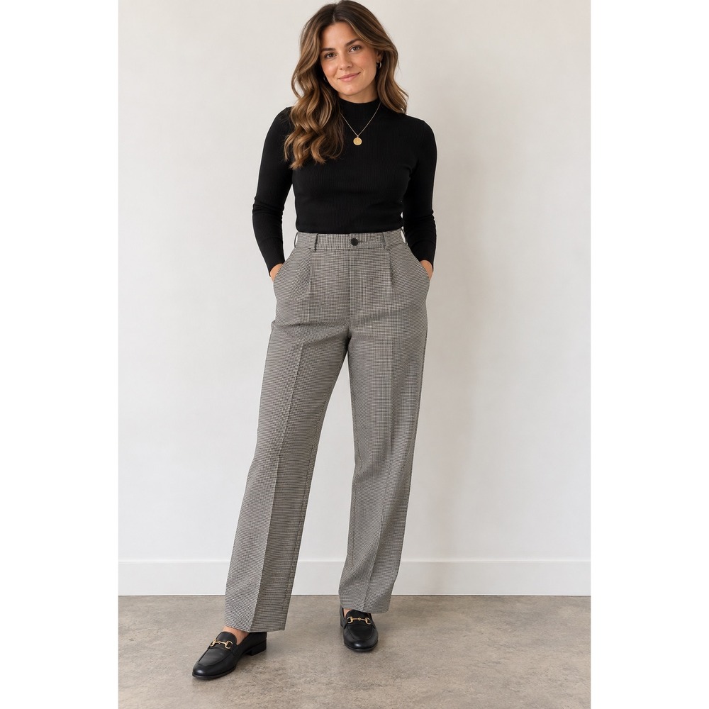 Houndstooth High Waisted Pleated Tapered Dress Pants Black White USA VTGTrousers